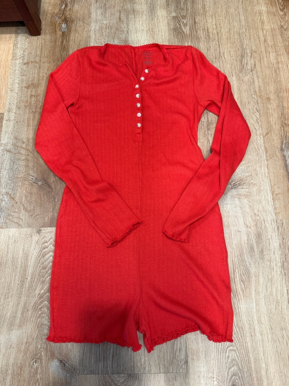 American Eagle Red Ribbed Long Sleeve Lounge Romper, Small